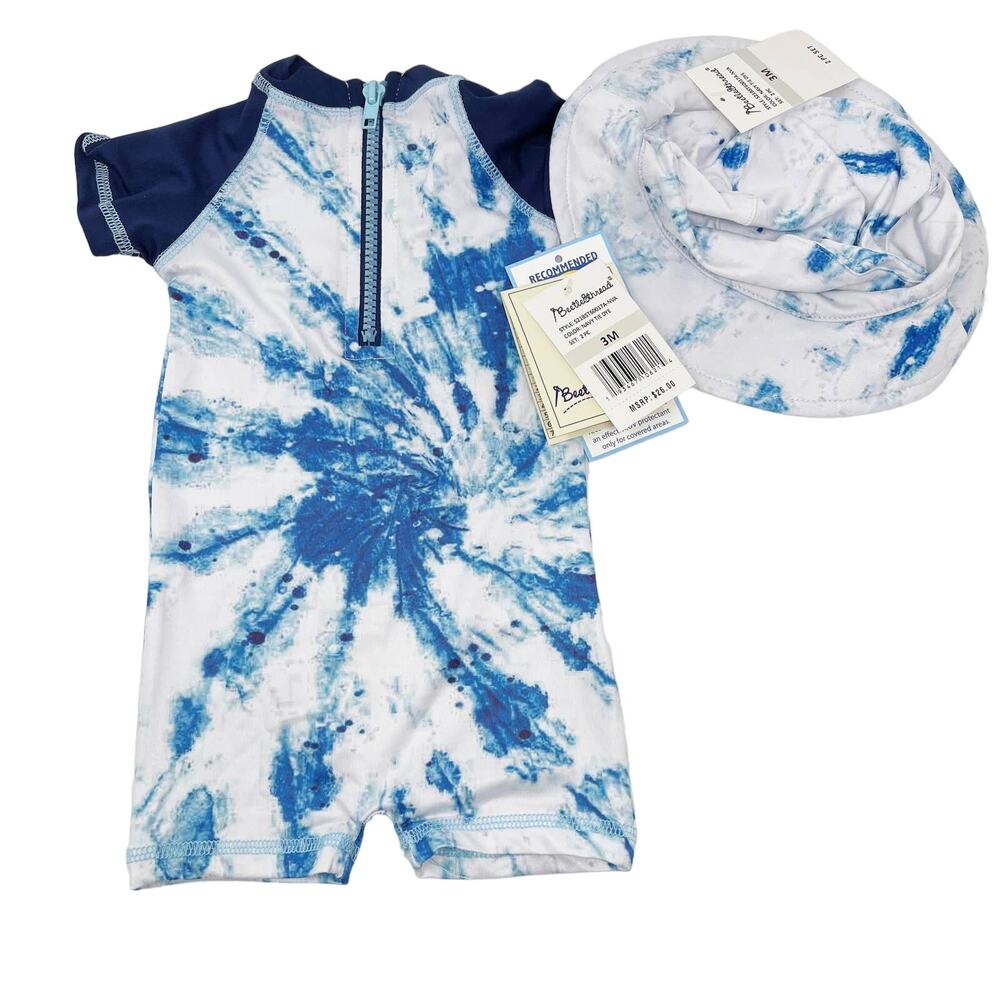 New Beetle & Thread Size 3M Navy Blue Tie Dye Swim Romper and Hat UPF 50+ Boys